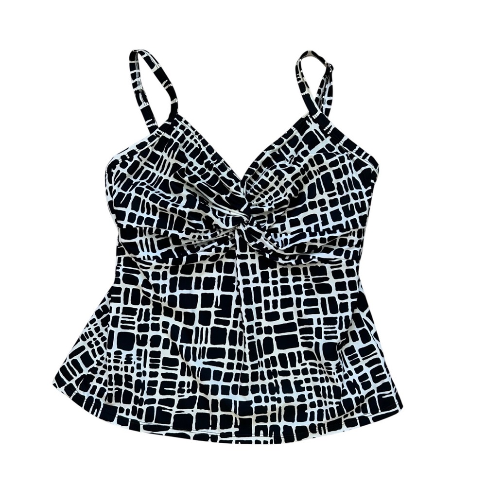 Miraclesuit Womens 12 Black White Geometric Grid Tankini Swim Top tummy control